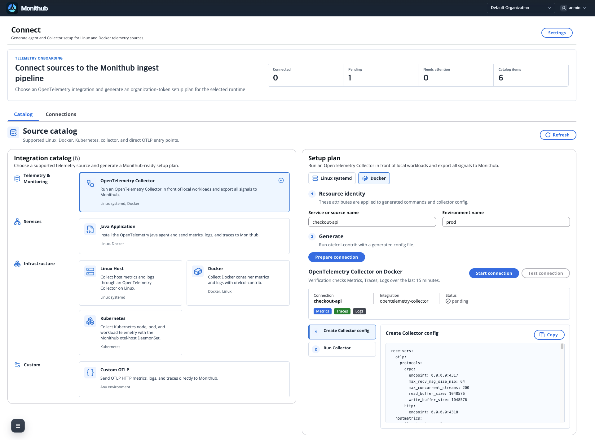 Monithub Connect telemetry onboarding 실제 화면